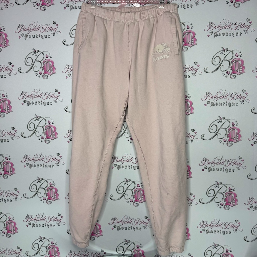 Roots sweatpants joggers light pink with white logo pockets adjustable waist tie